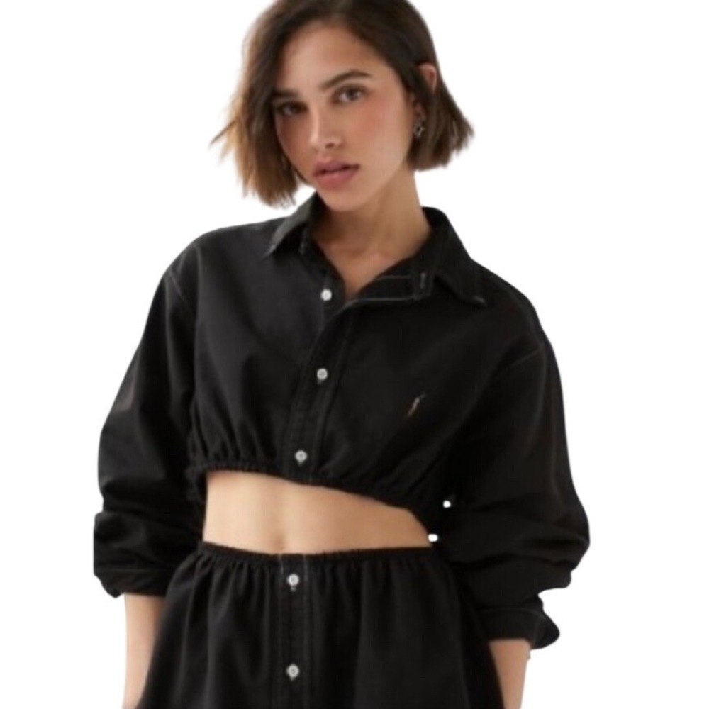 Urban Renewal Ralph Lauren Reworked Cropped Shirt Elastic Hem Black M/L Gorpcore